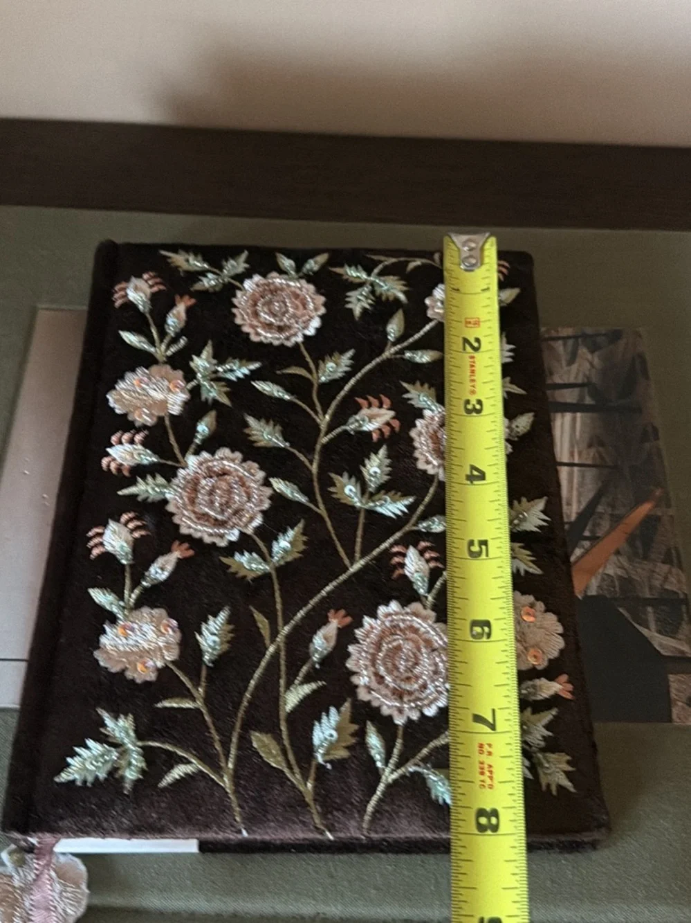 Embroidered Floral Velvet Journal - Brown with Pink Accents